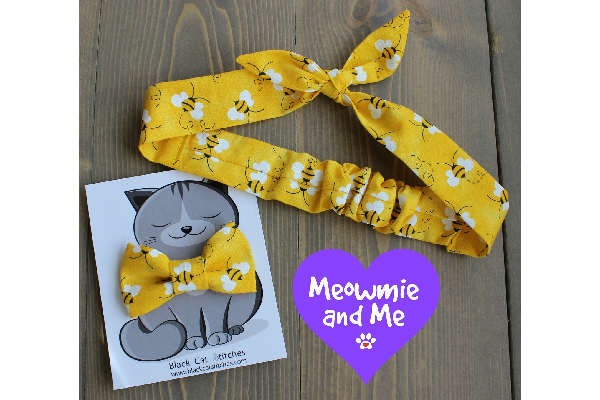 Matching Bee Print Hair Tie and Bow Tie for Cat Mom's and their Kitties, Black Cat Stitches ($18.13). etsy.com/shop/BlackCatStitches https://www.etsy.com/listing/523105547/matching-bee-print-hair-tie-and-bow-tie